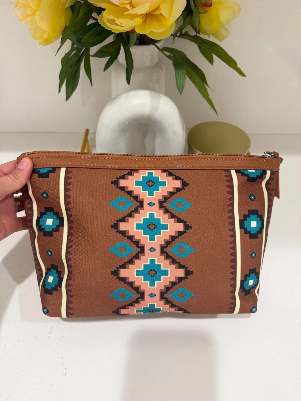Wrangler Brown Turquoise Pink Aztec Cosmetic Pouch